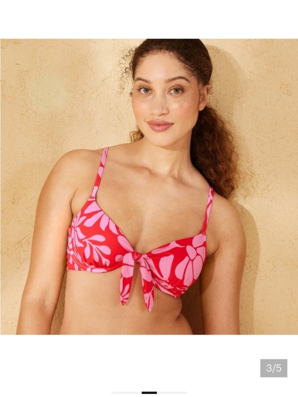 Shade & Shore Red and Pink Tie-Front Bandeau  pushup Bikini Top 36 D new